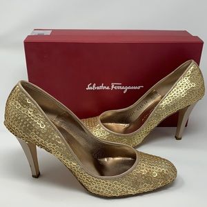 Salvatore Ferragamo gold sequin heels